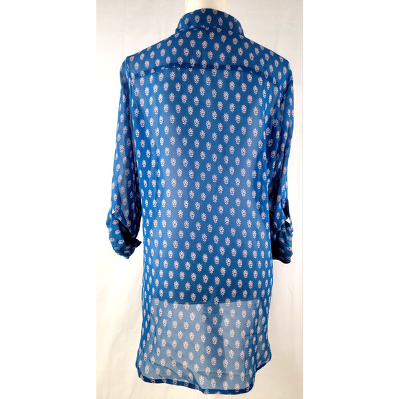 Japna Blue Floral Sheer High Low Wrap Blouse Women’s Size Large Boho Sexy Top - Picture 2 of 5